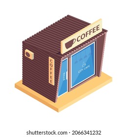 Isometric shops composition with isolated image of coffee shop building on blank background vector illustration