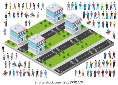 Isometric shops with red and white awnings and people walking along the street, trees and bushes, urban landscape