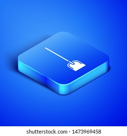 Isometric Shovel icon isolated on blue background. Gardening tool. Tool for horticulture, agriculture, farming. Blue square button. Vector Illustration
