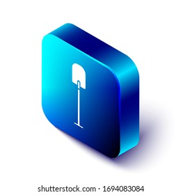 Isometric Shovel icon isolated on white background. Gardening tool. Tool for horticulture, agriculture, farming. Blue square button. Vector Illustration