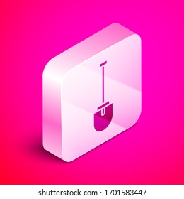 Isometric Shovel icon isolated on pink background. Gardening tool. Tool for horticulture, agriculture, farming. Silver square button. Vector Illustration