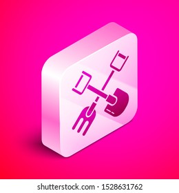 Isometric Shovel and rake icon isolated on pink background. Tool for horticulture, agriculture, gardening, farming. Ground cultivator. Silver square button. Vector Illustration