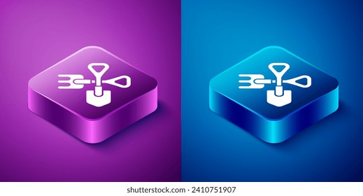 Isometric Shovel and rake icon isolated on blue and purple background. Tool for horticulture, agriculture, gardening, farming. Ground cultivator. Square button. Vector Illustration