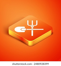 Isometric Shovel and rake icon isolated on orange background. Tool for horticulture, agriculture, gardening, farming. Ground cultivator.  Vector