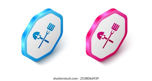 Isometric Shovel and rake icon isolated on white background. Tool for horticulture, agriculture, gardening, farming. Ground cultivator. Hexagon button. Vector