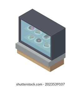 Isometric showcase of cafe with cakes and donuts on plates 3d vector illustration