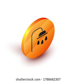 Isometric Shower head with water drops flowing icon isolated on white background. Orange circle button. Vector Illustration