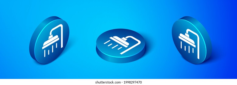 Cabeza isométrica de ducha con chorros de agua que fluyen icono aislado en el fondo azul. Botón de círculo azul. Ilustración vectorial