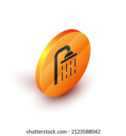Cabeza isométrica de ducha con chorros de agua que fluyen icono aislado sobre fondo blanco. Botón de círculo naranja. Vector