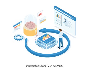 Isometric showing a brain connected to a processor chip and data charts, representing artificial intelligence, machine learning, and data analysis workflow.