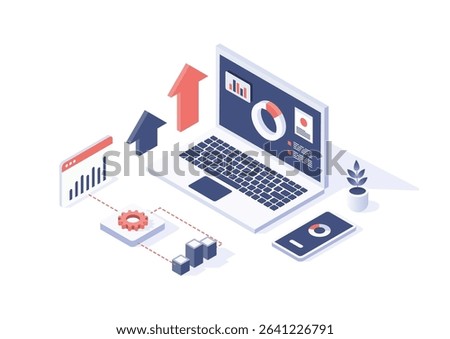 Isometric showing a laptop with data dashboards, bar graphs, arrows, gears, and a smartphone, representing analytics, business growth, and digital strategy.  
