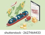 Isometric showing rising US import tariffs, affecting global logistics with plane, cargo ship, truck, and map route symbolising Import tariffs, trade war and economic conflict