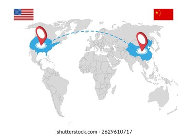 Isometric showing rising US import tariffs, affecting global logistics with plane, cargo ship, truck, and map route symbolising Import tariffs, trade war and economic conflict