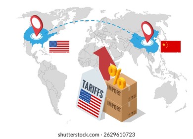 Isométrico mostrando o aumento das tarifas de importação dos EUA, afetando a logística global com avião, navio de carga, caminhão e rota de mapas simbolizando tarifas de importação, guerra comercial e conflito econômico