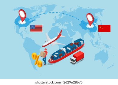 Isométrico mostrando o aumento das tarifas de importação dos EUA, afetando a logística global com avião, navio de carga, caminhão e rota de mapas simbolizando tarifas de importação, guerra comercial e conflito econômico