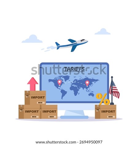 Isometric showing US import tariff increases, affecting global logistics with planes, cargo ships, trucks and map routes symbolizing Import tariffs, trade wars and economic conflicts