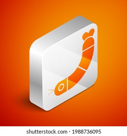 Isometric Shrimp icon isolated on orange background. Silver square button. Vector