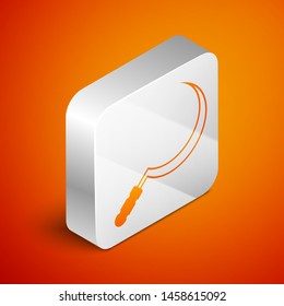 Isometric Sickle icon isolated on orange background. Reaping hook sign. Silver square button. Vector Illustration