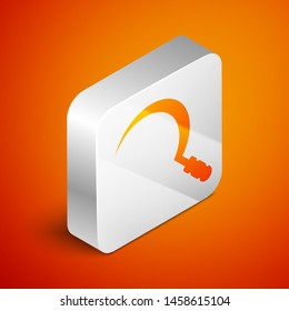 Isometric Sickle icon isolated on orange background. Reaping hook sign. Silver square button. Vector Illustration