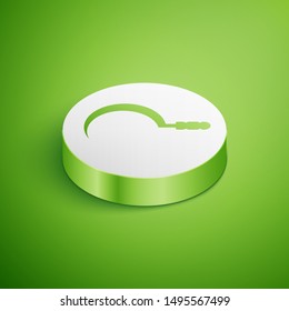 Isometric Sickle icon isolated on green background. Reaping hook sign. White circle button. Vector Illustration