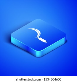 Isometric Sickle icon isolated on blue background. Reaping hook sign. Blue square button. Vector Illustration