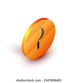 Isometric Sickle icon isolated on white background. Reaping hook sign. Orange circle button. Vector Illustration