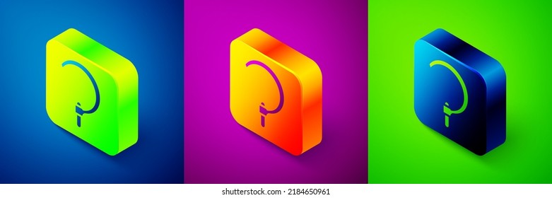 Isometric Sickle icon isolated on blue, purple and green background. Reaping hook sign. Square button. Vector