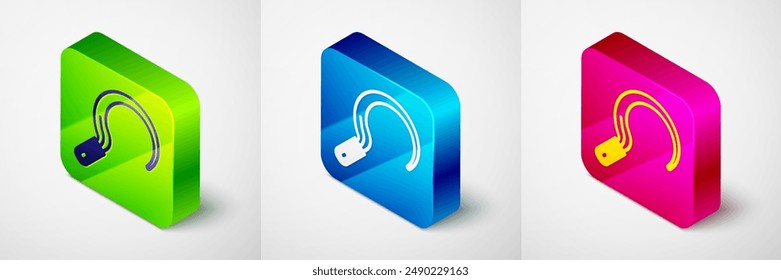 Isometric Sickle icon isolated on grey background. Reaping hook sign. Square button. Vector