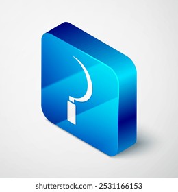 Isometric Sickle icon isolated on grey background. Reaping hook sign. Blue square button. Vector