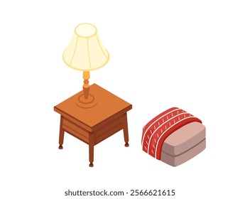 Isometric side table with night lamp. A simple and versatile design, perfect for furniture catalogs, interior design projects, or home decor promotions. Vector illustration isolated on white