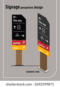 Isometric signage design with direction arrows and icons for parking, restroom, and room areas. Modern wayfinding concept illustration.