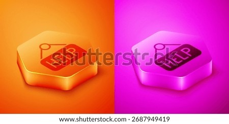 Isometric Signboard with text Help icon isolated on orange and pink background. Hexagon button. Vector