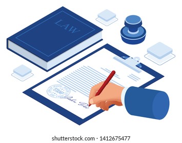 Isometric signed a contract with a stamp. Document with a signature. The form of the document. Business financial agreement or contract