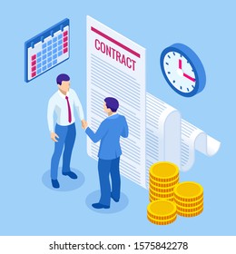 Isometric signed a contract with a stamp. Document with a signature. The form of the document. Business financial agreement or contract