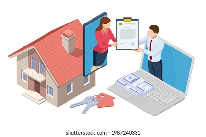 Isometric signed real estate purchase or lease agreement. Buyer. Mortgage online, new home buying online. Buying, selling or renting real estate