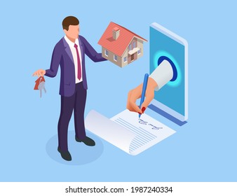 Isometric signed real estate purchase or lease agreement. Buyer. Mortgage online, new home buying online. Buying, selling or renting real estate