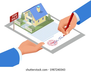 Isometric signed real estate purchase or lease agreement. Buyer. Mortgage online, new home buying online. Buying, selling or renting real estate