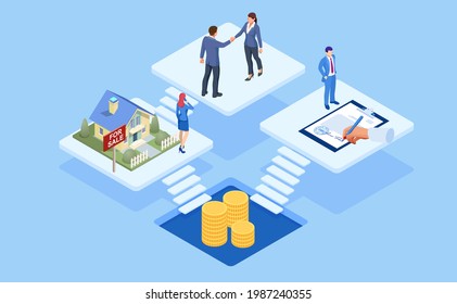Isometric signed real estate purchase or lease agreement. Buyer. Mortgage online, new home buying online. Buying, selling or renting real estate