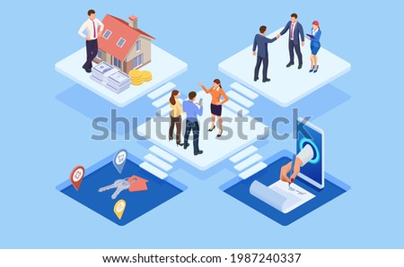 Isometric signed real estate purchase or lease agreement. Buyer. Mortgage online, new home buying online. Buying, selling or renting real estate