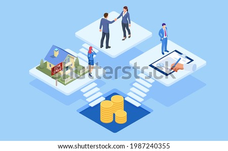 Isometric signed real estate purchase or lease agreement. Buyer. Mortgage online, new home buying online. Buying, selling or renting real estate