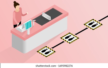 Isometric signs social distancing queues of people line at the payment counter for protect pandemic of virus Covid-19, COVID-19 Quarantine. Pandemic Coronavirus Reducing risk of infection.
