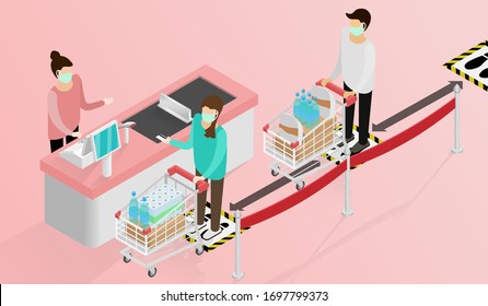 Isometric signs social distancing queues of people line at the payment counter for protect pandemic of virus Covid-19, COVID-19 Quarantine. Pandemic Coronavirus Reducing risk of infection.