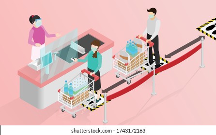 Isometric signs social distancing queues of people line at the payment counter, Cashier wear face shield and face mask, Installing Plexiglas guards or sneeze guards to combat COVID-19 at Checkout.