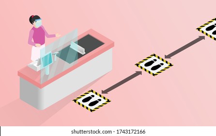 Isometric signs social distancing queues of people line at the payment counter Cashier wear face shield and face mask, Installing Plexiglas guards or sneeze guards to combat COVID-19 at Checkout.