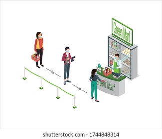 Isometric signs social distancing queues of people line at the payment counter for protect pandemic of virus Covid-19. Pandemic Coronavirus Reducing risk of infection. New normal 