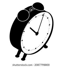 Isometric silhouette of mechanical alarm clock on legs isolated on white. Bells with hammer on top. Dial with arrows. Website icon.