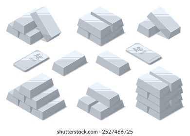 Barras de prata isométricas sobre fundo branco. Investir no setor bancário. Aumento no custo de metais preciosos. Investimentos em barras de prata. Comprando ETF Platinum. Metais preciosos