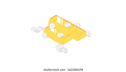 Isometric silver coins and golden. Vector illustration of shining gold bars and silver funds isolated on white backround. Flat currency for investment and savings concept
