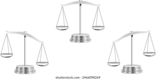 isometric silver scales. zero Weight scales. Justice scales. Libra icon. three set scale right, balance and left weight