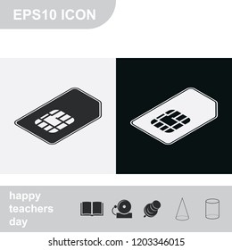 Isometric sim card flat black and white vector icon.